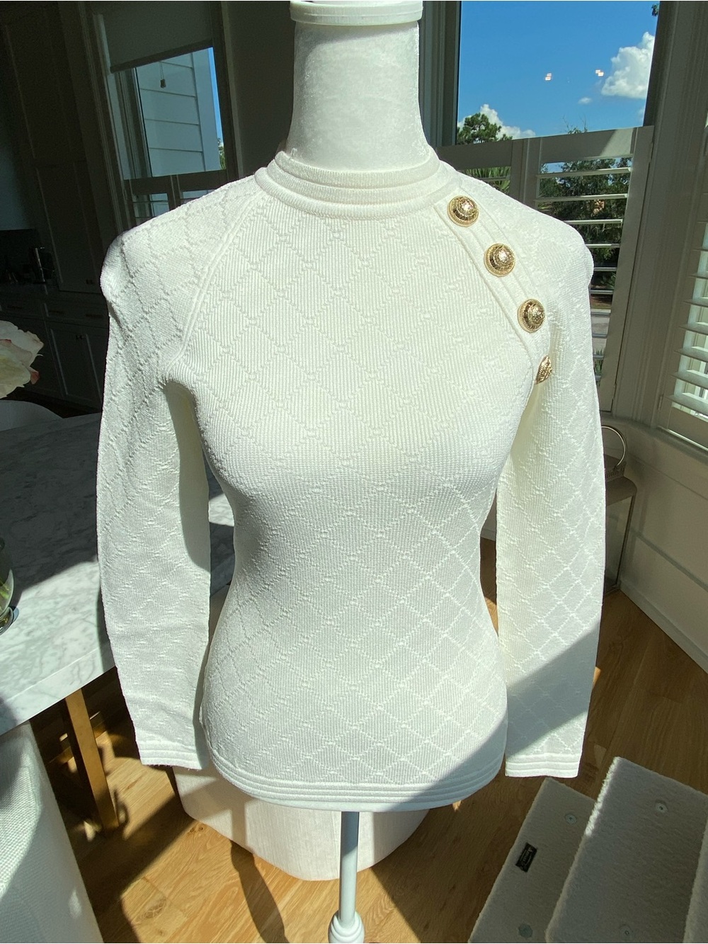 Balmain Ivory Knit Sweater with Gold Buttons